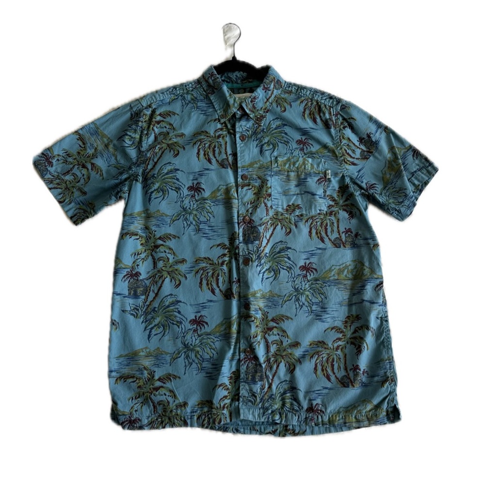 Hawaiian Blue Tropical Print Button Up Mens Short Sleeve Shirt Size-Mens Large